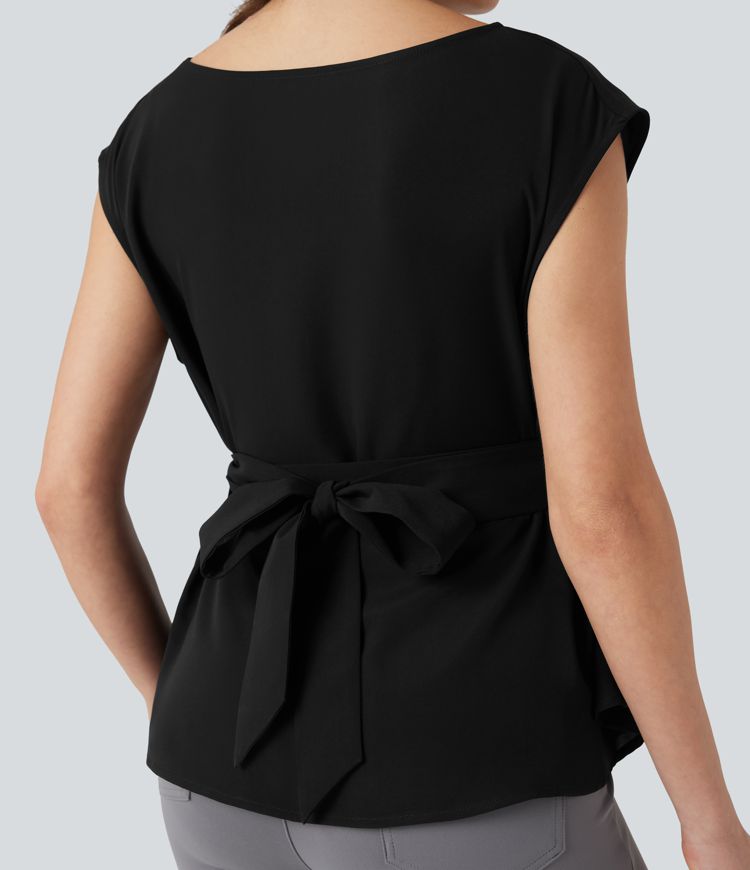 Anti-wrinkle Boat Neck Sleeveless Tie Back Work Blouse