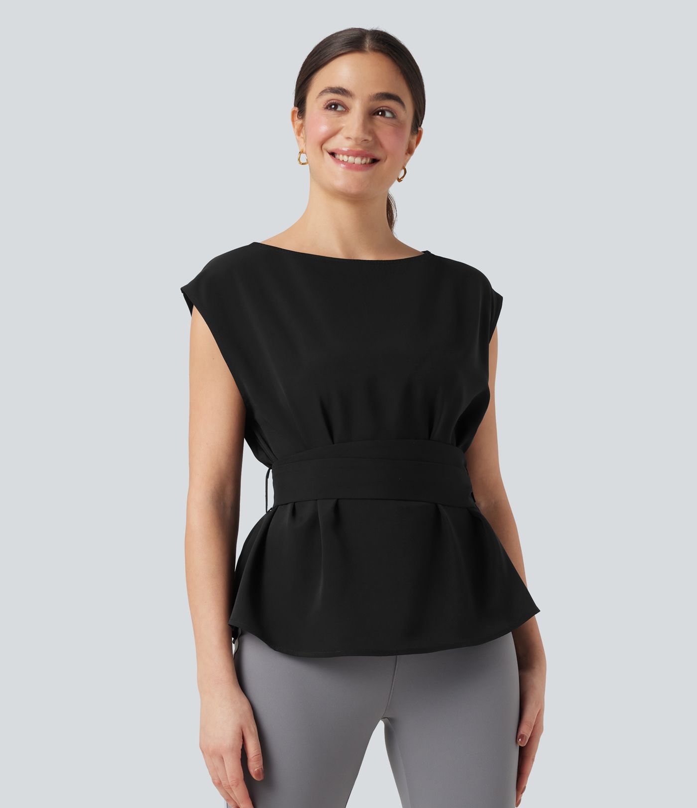Anti-wrinkle Boat Neck Sleeveless Tie Back Work Blouse