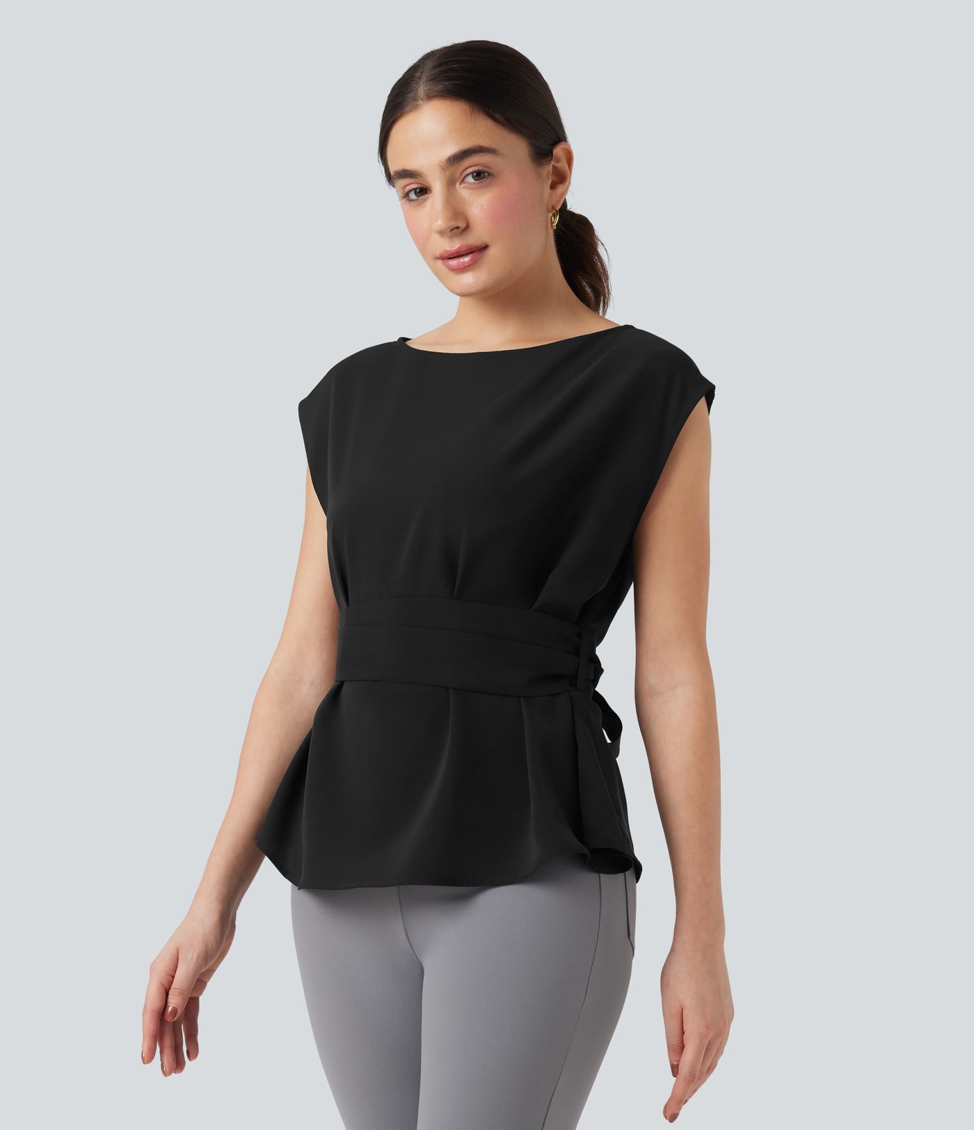 Anti-wrinkle Boat Neck Sleeveless Tie Back Work Blouse