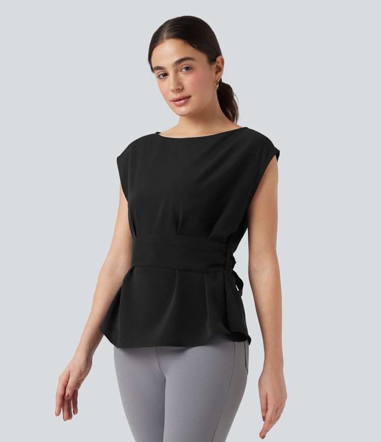 Anti-wrinkle Boat Neck Sleeveless Tie Back Work Blouse