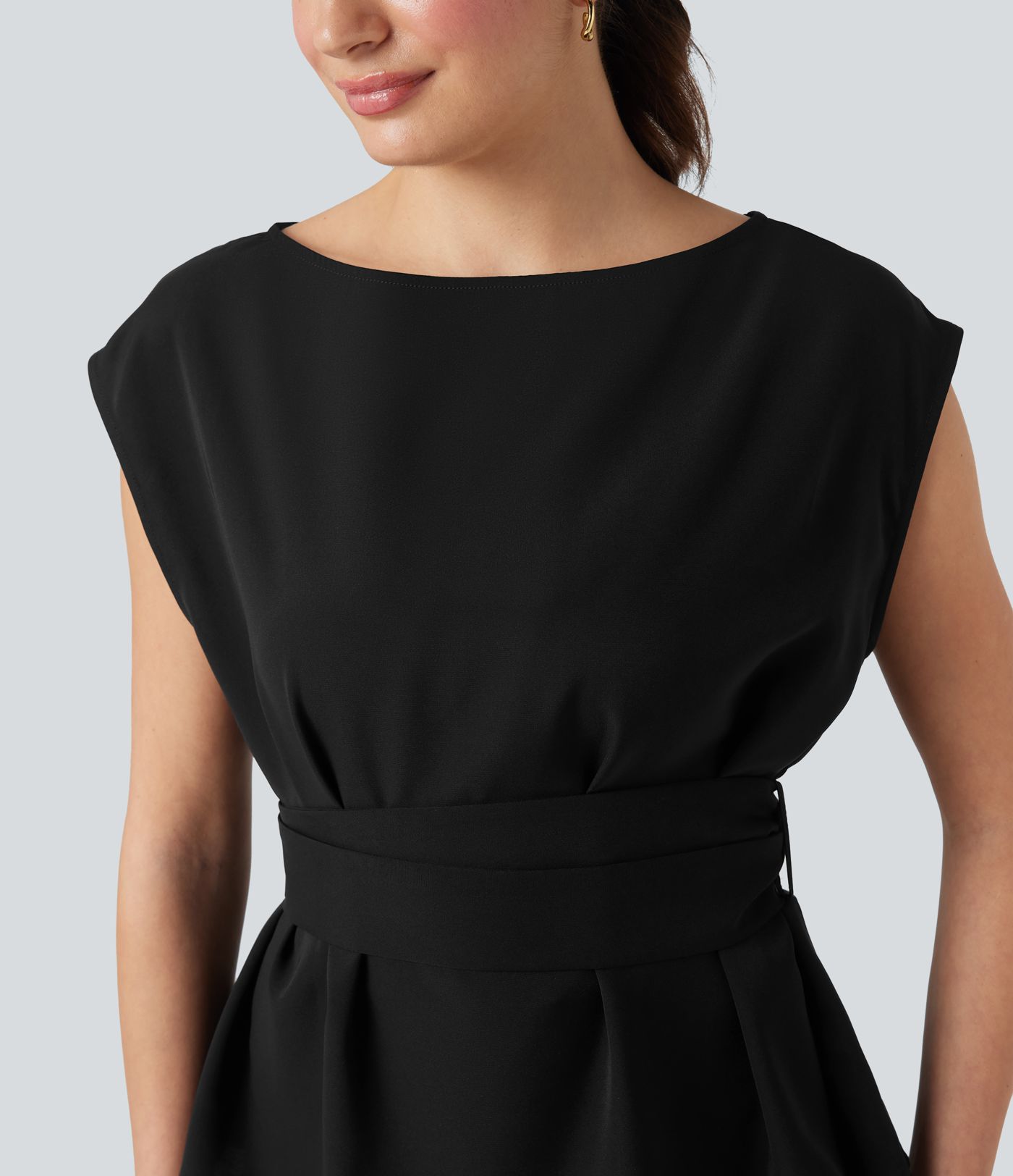 Anti-wrinkle Boat Neck Sleeveless Tie Back Work Blouse