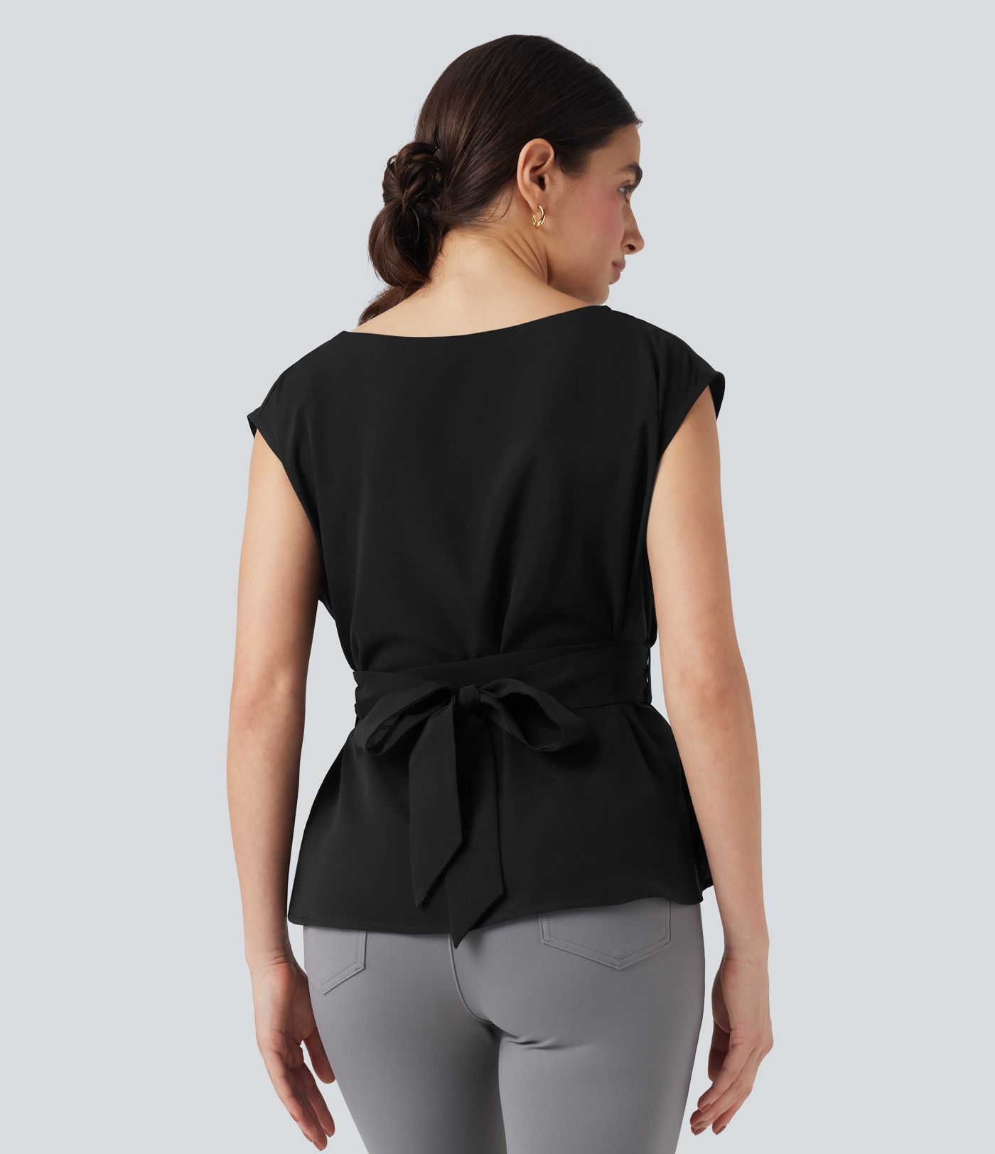 Anti-wrinkle Boat Neck Sleeveless Tie Back Work Blouse