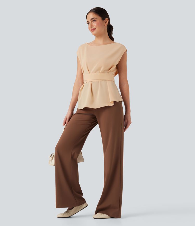 Ärmellose Arbeitsbluse mit U-Boot-Ausschnitt und Bindeband hinten - Anti-Falten