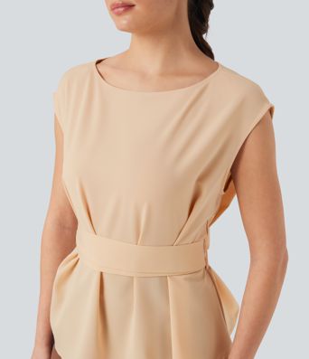 Ärmellose Arbeitsbluse mit U-Boot-Ausschnitt und Bindeband hinten - Anti-Falten