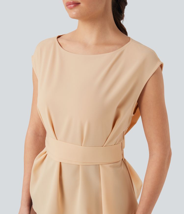 Ärmellose Arbeitsbluse mit U-Boot-Ausschnitt und Bindeband hinten - Anti-Falten