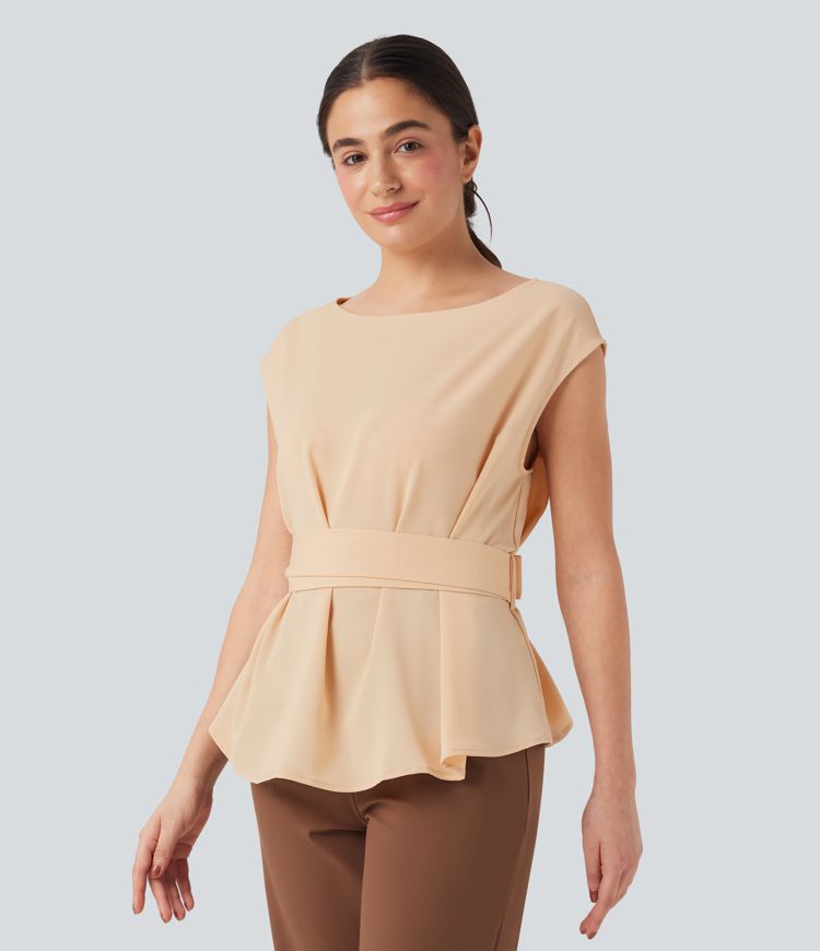 Anti-wrinkle Boat Neck Sleeveless Tie Back Work Blouse