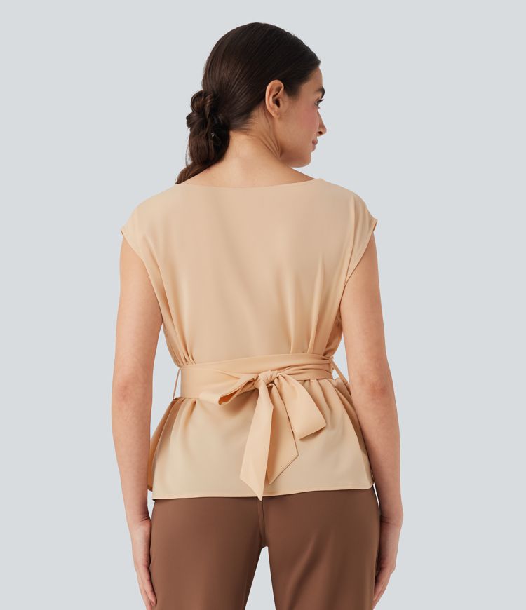 Anti-wrinkle Boat Neck Sleeveless Tie Back Work Blouse