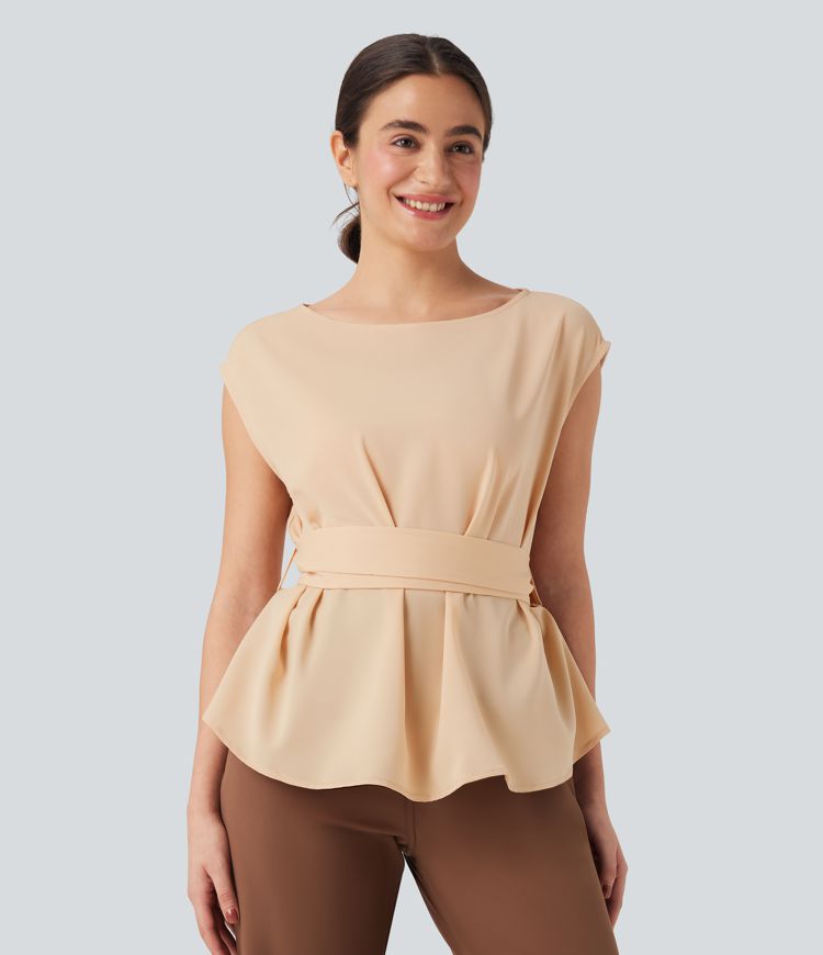 Ärmellose Arbeitsbluse mit U-Boot-Ausschnitt und Bindeband hinten - Anti-Falten