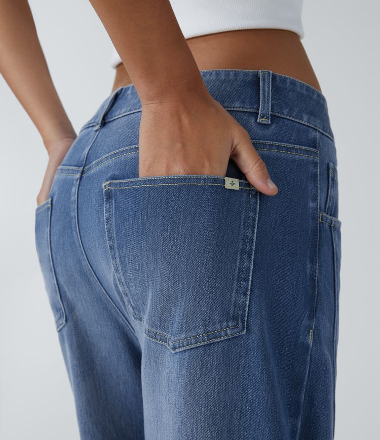 Halara Flex™ Mid Low Rise Button Zipper Multiple Pockets Washed Stretchy Knit Casual Baggy Mom Jeans