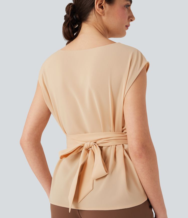 Ärmellose Arbeitsbluse mit U-Boot-Ausschnitt und Bindeband hinten - Anti-Falten