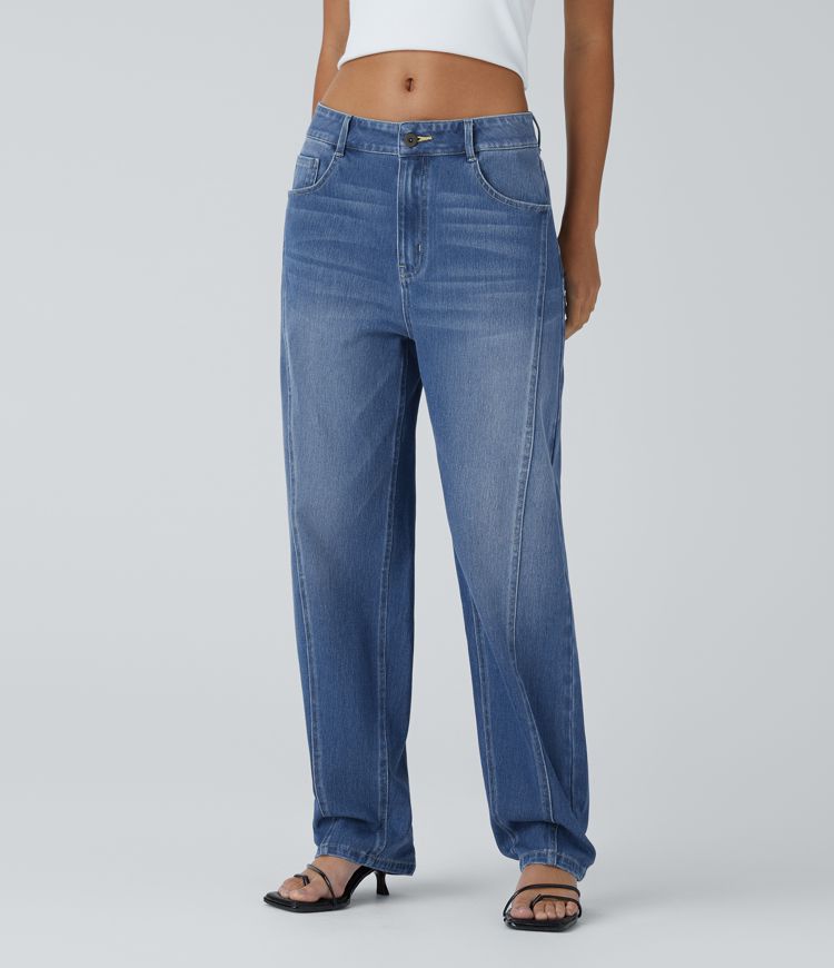 Halara Flex™ Mid Low Rise Button Zipper Multiple Pockets Washed Stretchy Knit Casual Baggy Mom Jeans