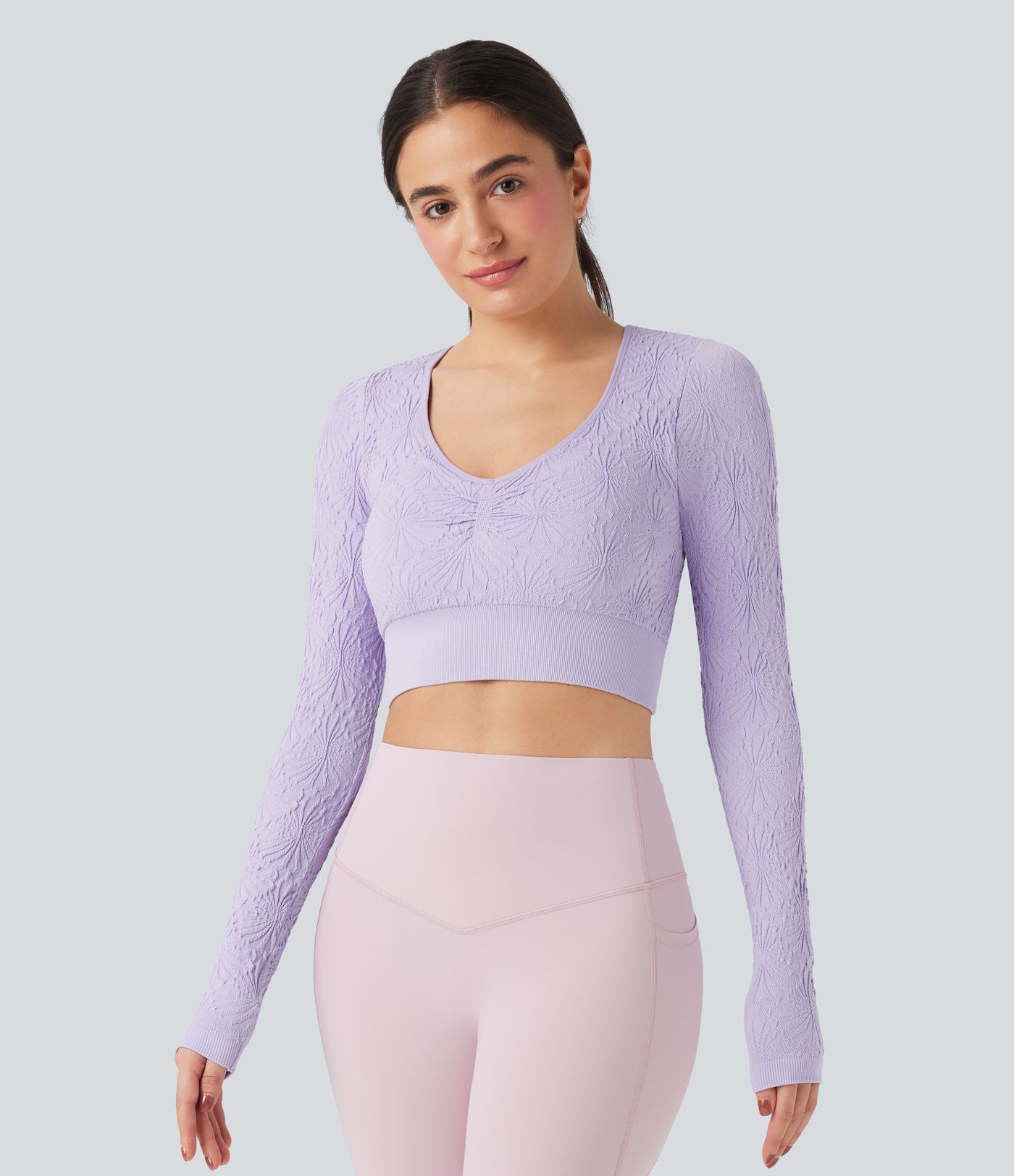 OneForm Seamless Flow Jacquard Long Sleeve Cropped Slim Yoga Sports Top