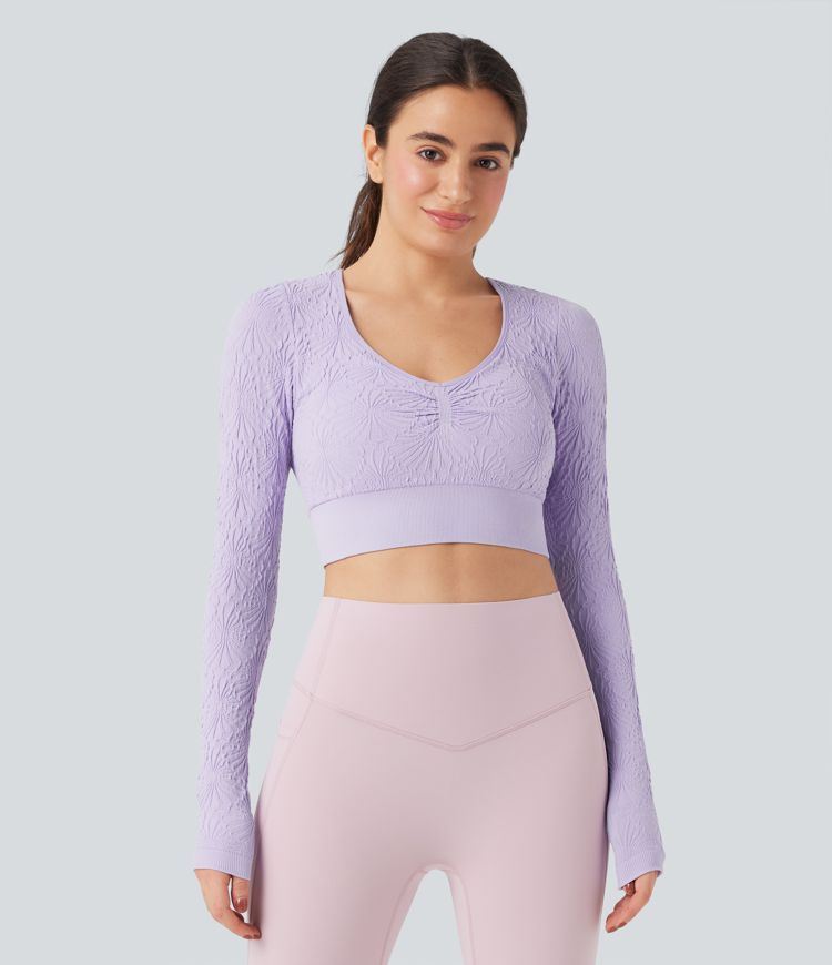 OneForm Seamless Flow Jacquard Long Sleeve Cropped Slim Yoga Sports Top
