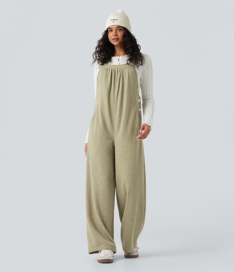Ribbed Square Neck Casual Dungarees with Pockets