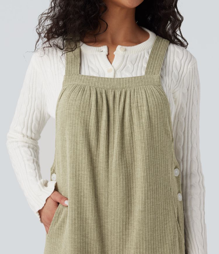 Ribbed Square Neck Casual Dungarees with Pockets