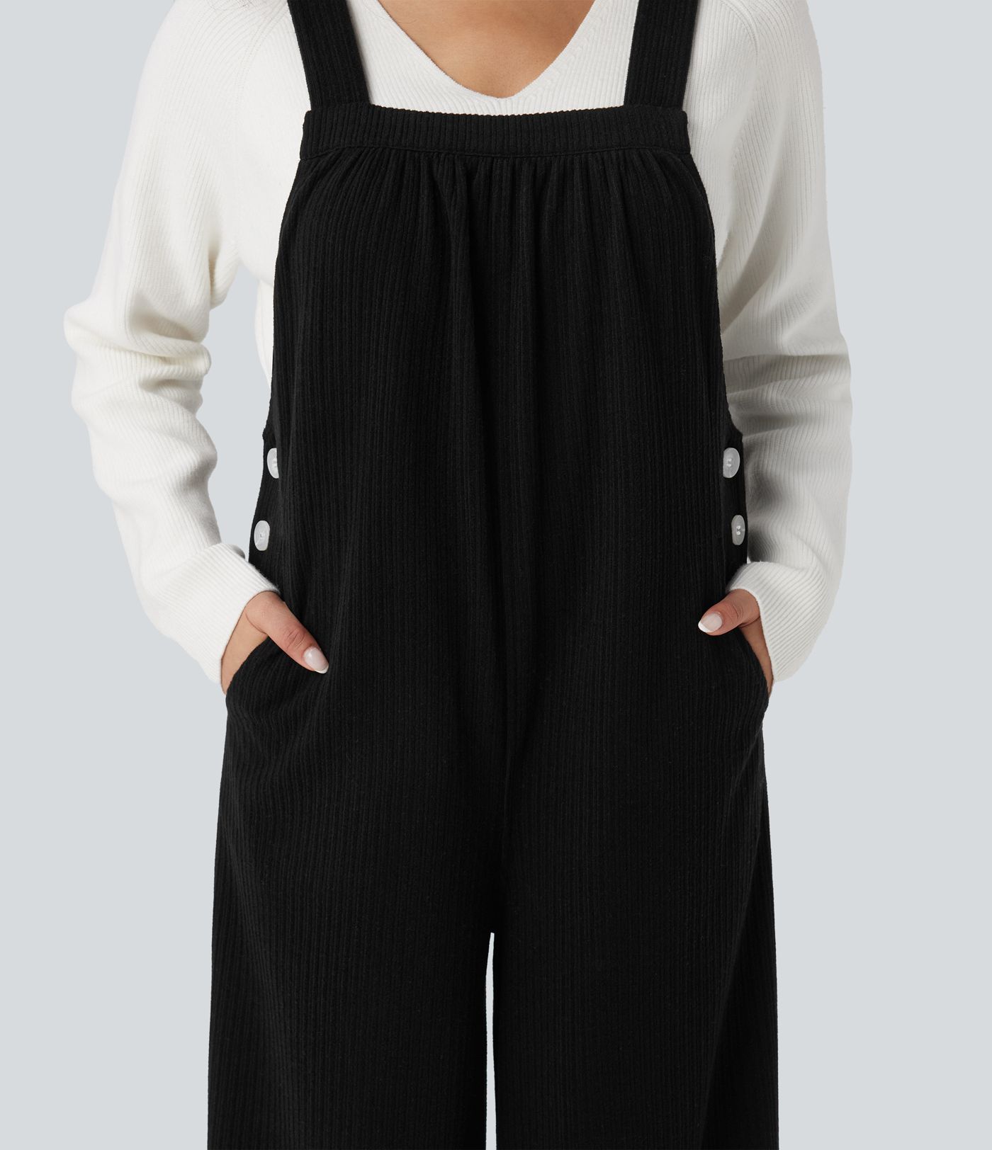 Ribbed Square Neck Casual Overalls with Pockets