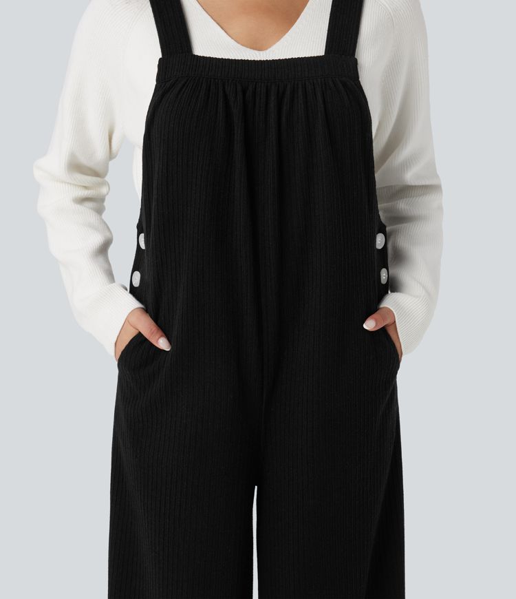 Ribbed Square Neck Casual Overalls with Pockets