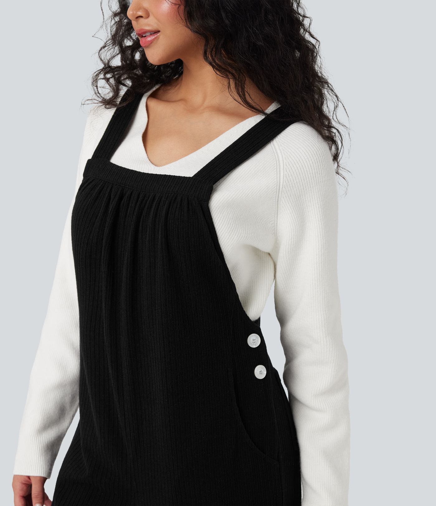 Ribbed Square Neck Casual Overalls with Pockets