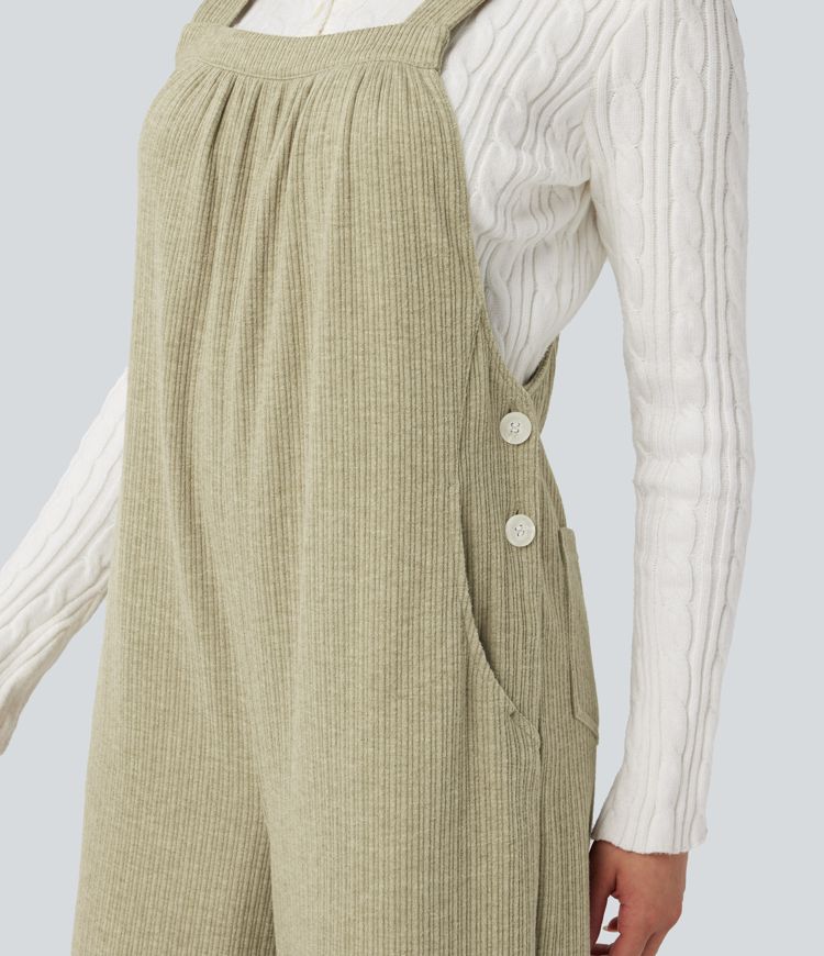 Ribbed Square Neck Casual Dungarees with Pockets