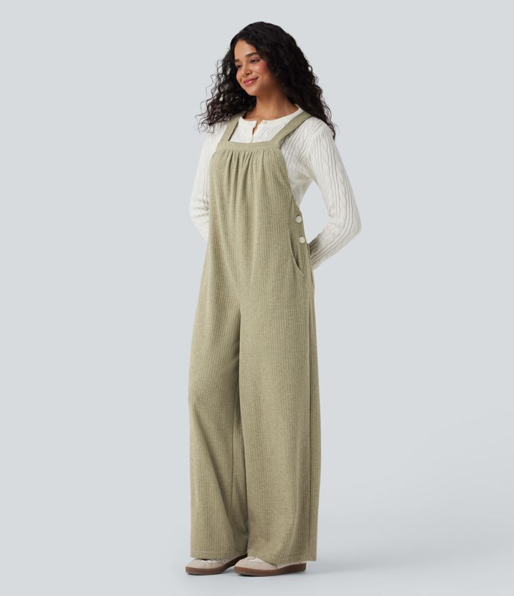 Ribbed Square Neck Casual Dungarees with Pockets