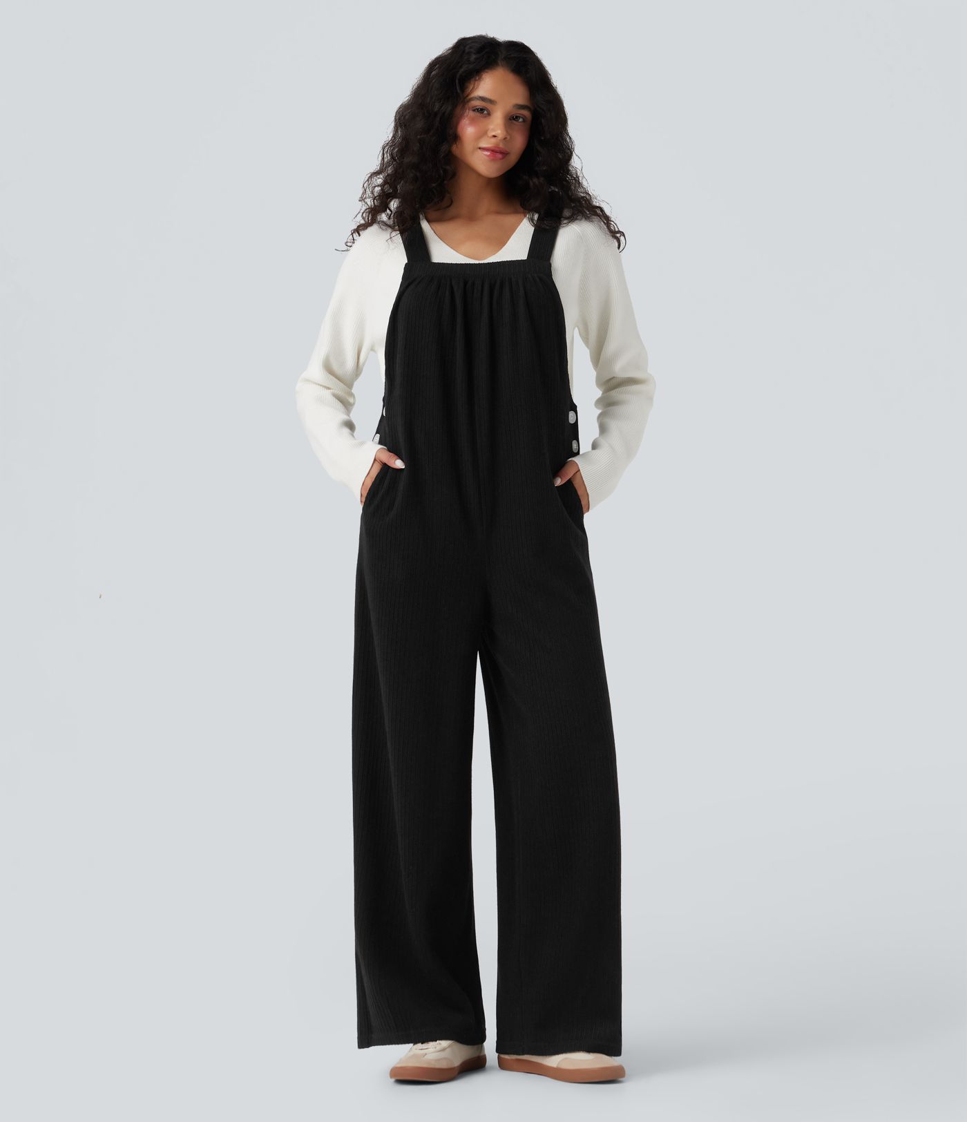 Ribbed Square Neck Casual Overalls with Pockets
