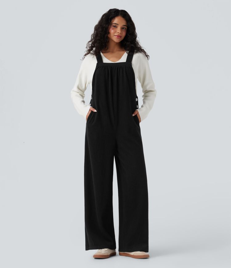 Ribbed Square Neck Casual Overalls with Pockets