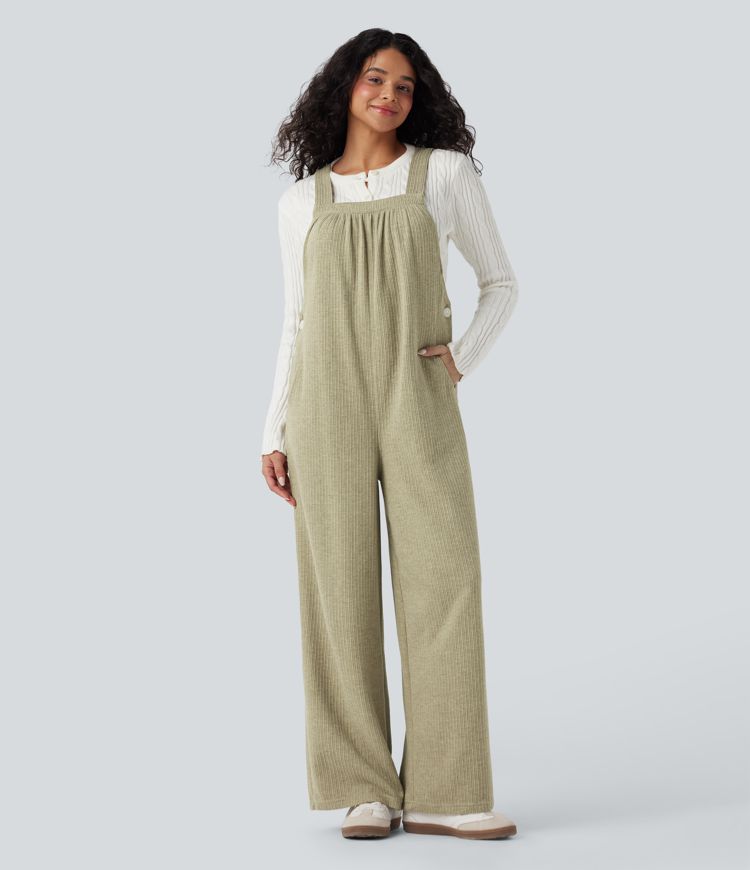Ribbed Square Neck Casual Overalls with Pockets