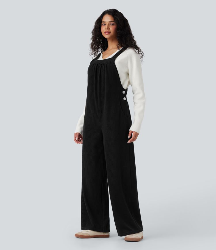 Ribbed Square Neck Casual Overalls with Pockets