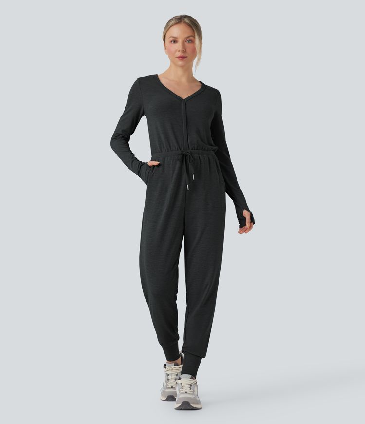 V Neck Long Sleeve Thumb Hole Drawstring Workout Jumpsuit with Pockets-Easy Peezy Edition V Neck Long Sleeve Thumb Hole Drawstring Workout Jumpsuit with Pockets-Easy Peezy Edition