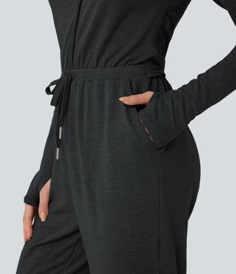 V Neck Long Sleeve Thumb Hole Drawstring Workout Jumpsuit with Pockets-Easy Peezy Edition V Neck Long Sleeve Thumb Hole Drawstring Workout Jumpsuit with Pockets-Easy Peezy Edition