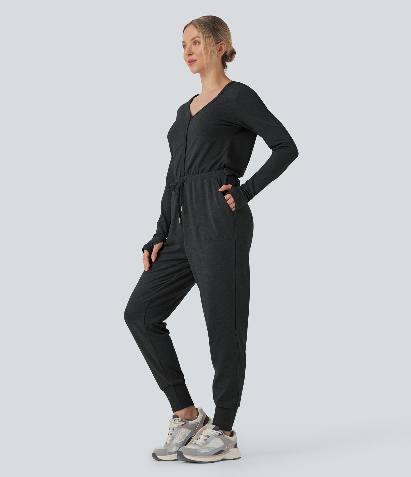V Neck Long Sleeve Thumb Hole Drawstring Workout Jumpsuit with Pockets-Easy Peezy Edition V Neck Long Sleeve Thumb Hole Drawstring Workout Jumpsuit with Pockets-Easy Peezy Edition