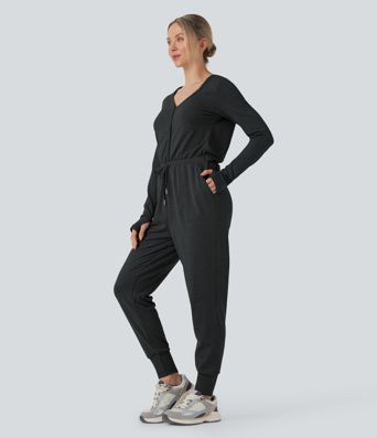 V Neck Long Sleeve Thumb Hole Drawstring Workout Jumpsuit with Pockets-Easy Peezy Edition V Neck Long Sleeve Thumb Hole Drawstring Workout Jumpsuit with Pockets-Easy Peezy Edition