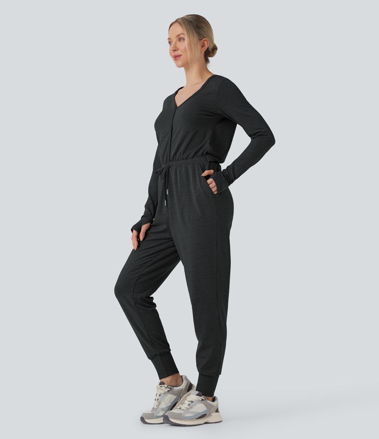 V Neck Long Sleeve Thumb Hole Drawstring Workout Jumpsuit with Pockets-Easy Peezy Edition V Neck Long Sleeve Thumb Hole Drawstring Workout Jumpsuit with Pockets-Easy Peezy Edition