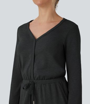 V Neck Long Sleeve Thumb Hole Drawstring Workout Jumpsuit with Pockets-Easy Peezy Edition V Neck Long Sleeve Thumb Hole Drawstring Workout Jumpsuit with Pockets-Easy Peezy Edition