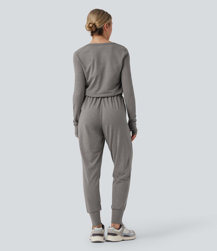 V Neck Long Sleeve Thumb Hole Drawstring Workout Jumpsuit with Pockets-Easy Peezy Edition