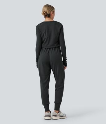 V Neck Long Sleeve Thumb Hole Drawstring Workout Jumpsuit with Pockets-Easy Peezy Edition V Neck Long Sleeve Thumb Hole Drawstring Workout Jumpsuit with Pockets-Easy Peezy Edition