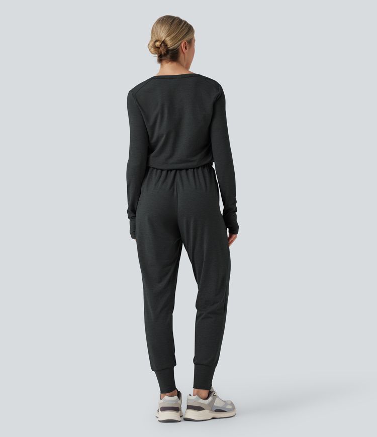 V Neck Long Sleeve Thumb Hole Drawstring Workout Jumpsuit with Pockets-Easy Peezy Edition V Neck Long Sleeve Thumb Hole Drawstring Workout Jumpsuit with Pockets-Easy Peezy Edition
