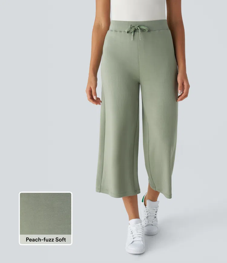 High Waisted Drawstring Capri Work Wide Leg Pants