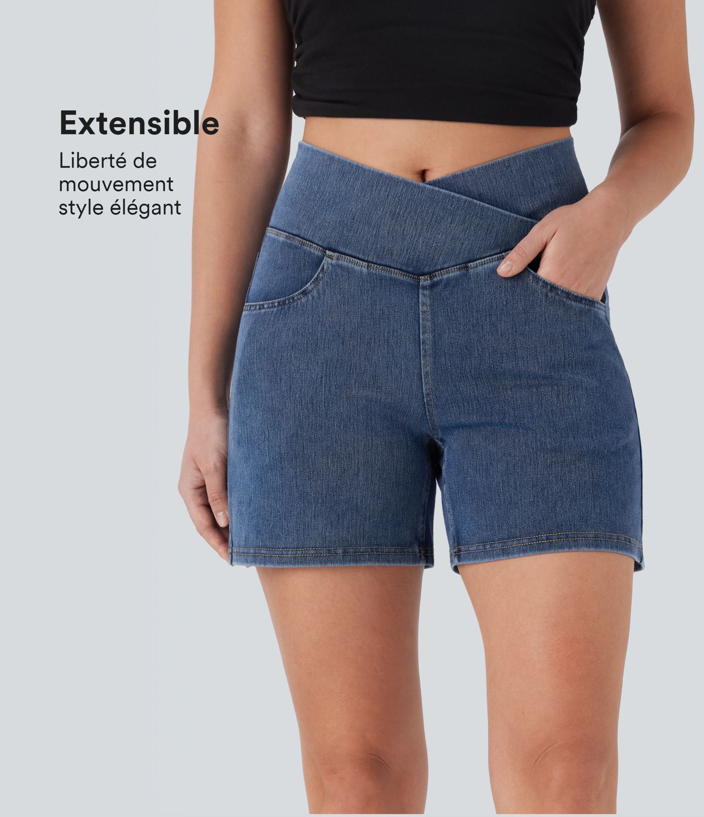 Halara Flex™ Short décontracté évasé à jambe large en denim extensible délavé taille haute croisée avec poches multiples