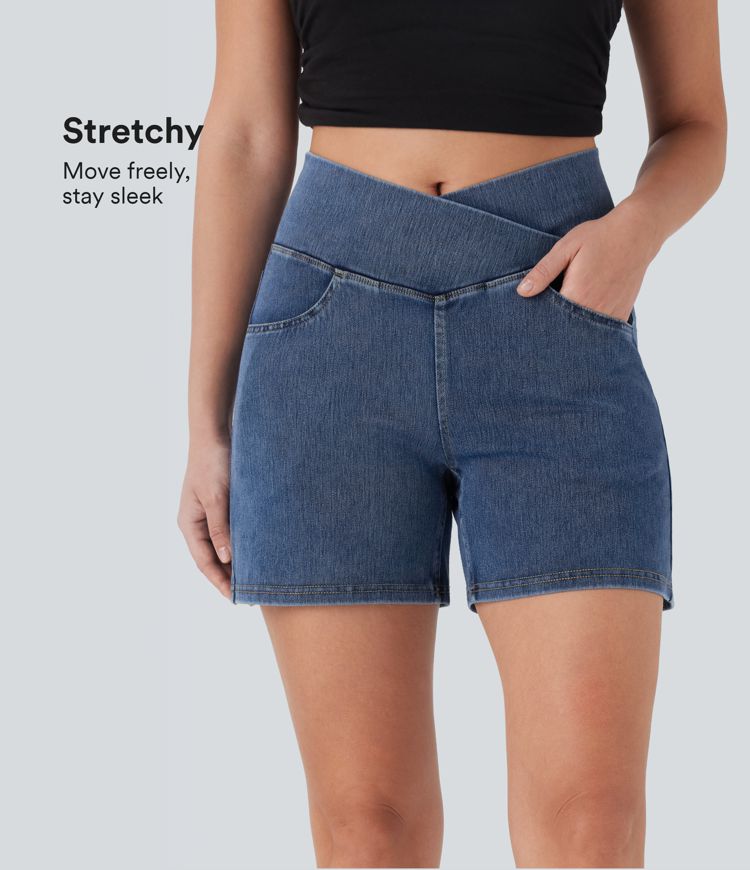 Halara Flex™ Short décontracté évasé à jambe large en denim extensible délavé taille haute croisée avec poches multiples