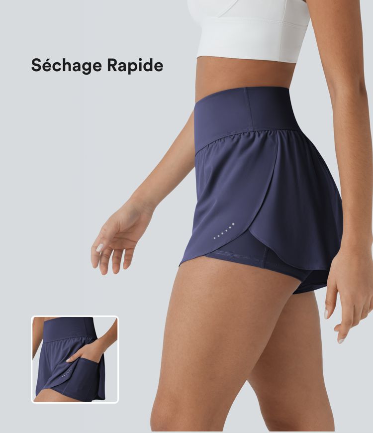 Softlyzero™ QuickDry Short de course à pied 2-en-1 taille haute à ourlet croisé avec pois réfléchissants et poches latérales