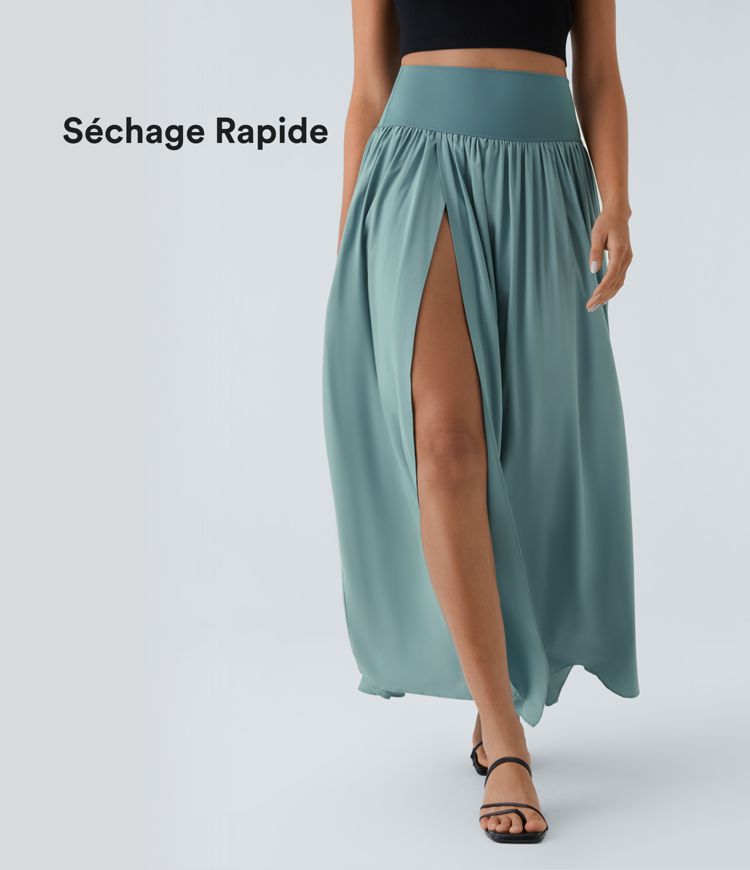 Breezeful™ Jupe Taille Haute Casual Maxi Séchage Rapide Fluide Fente Plissée 2 en 1