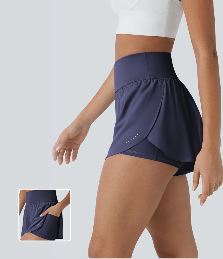 Softlyzero™ QuickDry Short de course à pied 2-en-1 taille haute à ourlet croisé avec pois réfléchissants et poches latérales