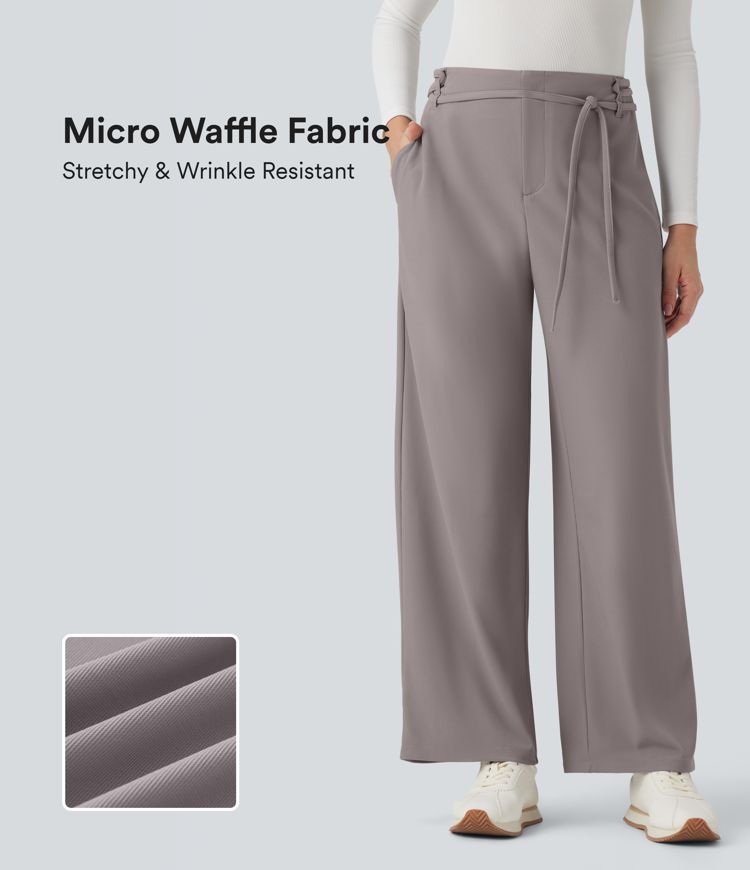 Halara Flex™ Mid Rise Tie Front Straight Leg Micro Waffle Work Pants with Pockets