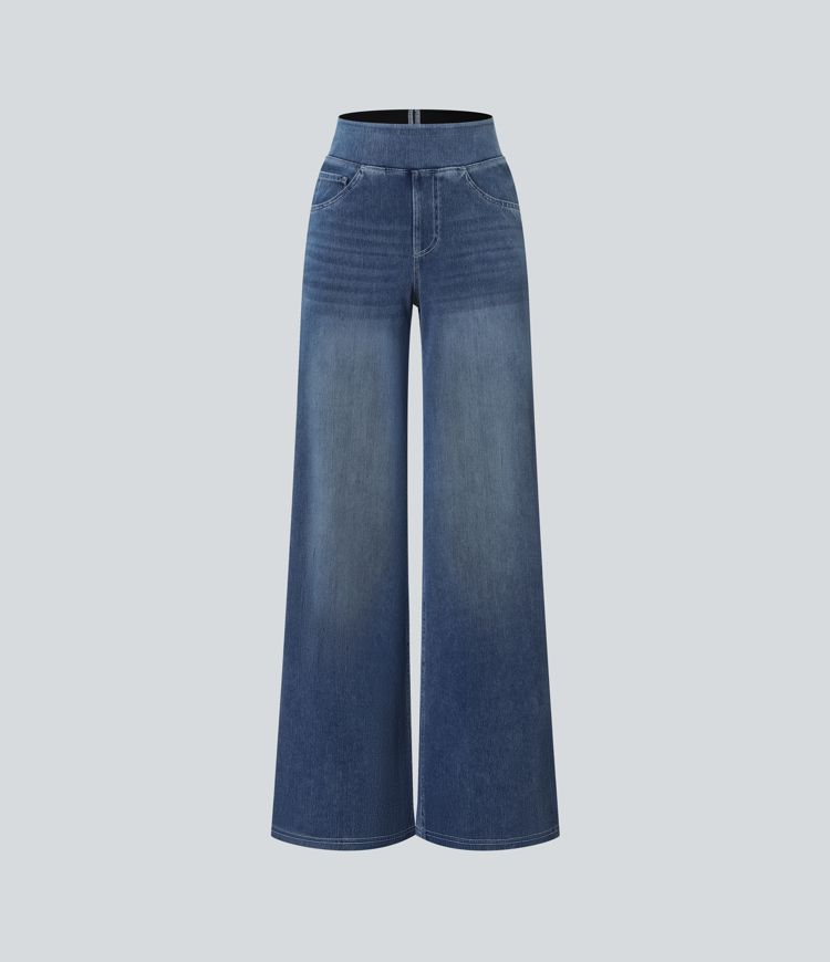 Halara Flex™ High Waisted Stripe Wide Leg Flowy Washed Casual Jeans with Pockets