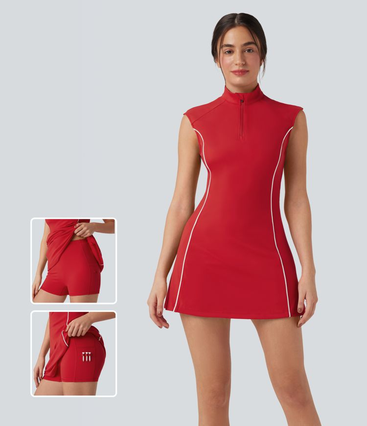 SoftlyZero™ Plush Mock-neck Sleeveless Color Block 2-Piece Golf Active Dress-Golf Tee Pockets
