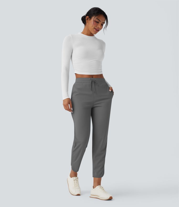 Mid Rise Drawstring Curved Hem Quick Dry Golf Tapered Pants with Pockets-UPF40+