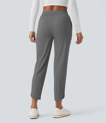 Mid Rise Drawstring Curved Hem Quick Dry Golf Tapered Pants with Pockets-UPF40+