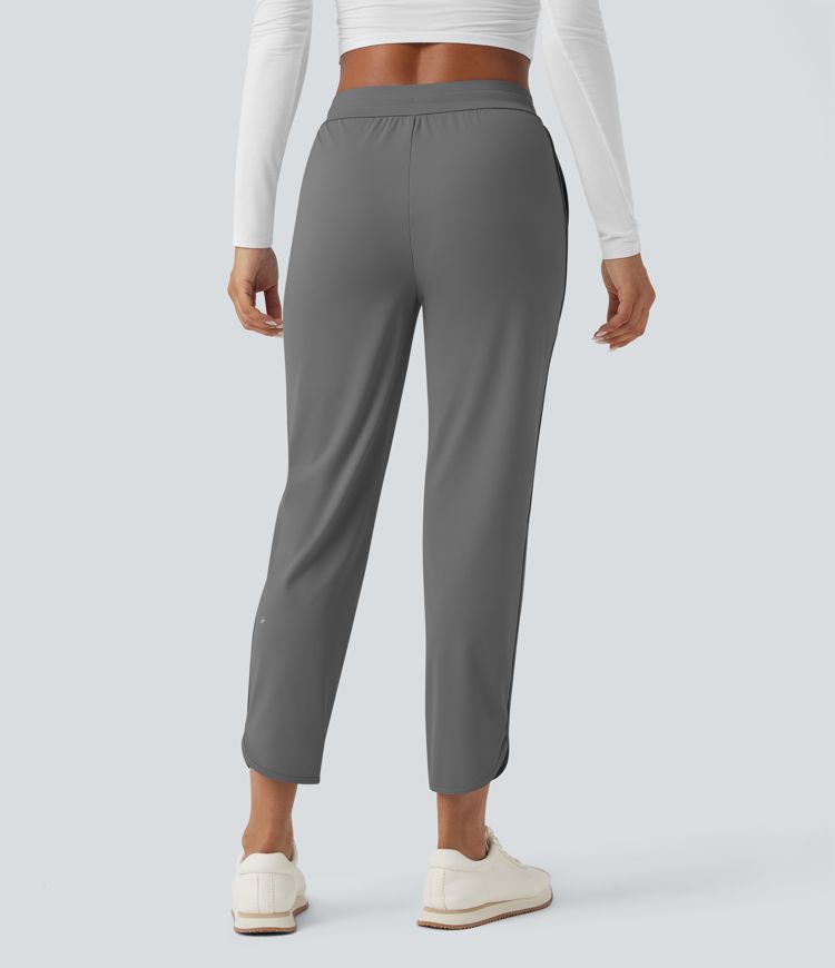 Mid Rise Drawstring Curved Hem Quick Dry Golf Tapered Pants with Pockets-UPF40+