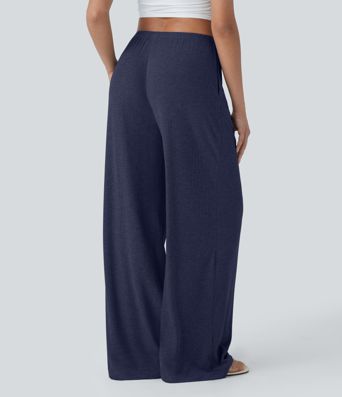 High Stretch Skin Friendly Ribbed Low Rise Drawstring Wide Leg Flowy Casual Pants with Side Pockets